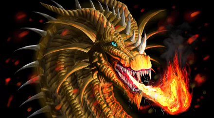 A majestic dragon with fierce horns breathes fire against a dark backdrop, creating a compelling fantasy scene in this stunning 4K Ultra HD wallpaper.