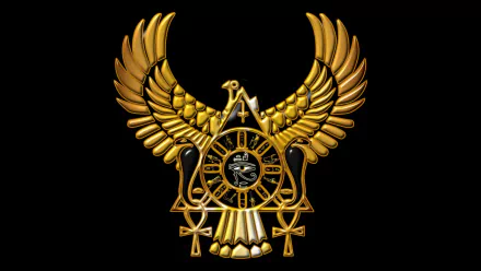 A striking HD desktop wallpaper featuring a golden Egyptian symbol with a majestic eagle, clock, and ankh, set against a black background, representing ancient Egyptian culture.