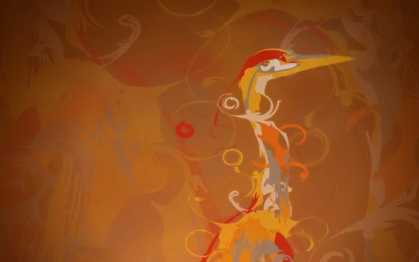 An artistic desktop wallpaper featuring vibrant orange tones and abstract shapes, reflecting themes of music and technology with hints of Ubuntu and guitar elements.