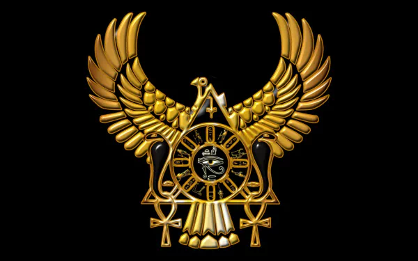 A striking HD desktop wallpaper featuring a golden Egyptian symbol with a majestic eagle, clock, and ankh, set against a black background, representing ancient Egyptian culture.