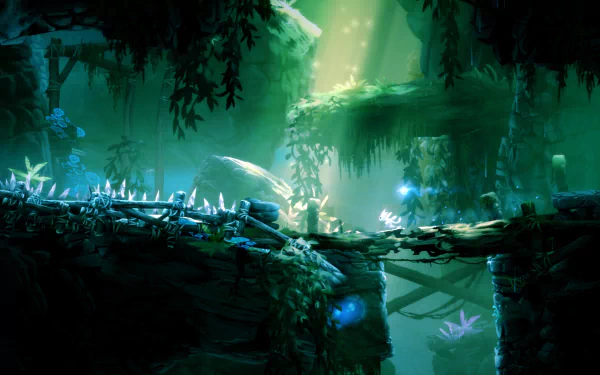 A stunning HD wallpaper from the video game Ori and the Blind Forest, showcasing a vibrant, enchanted forest filled with lush greenery and mystical lighting.