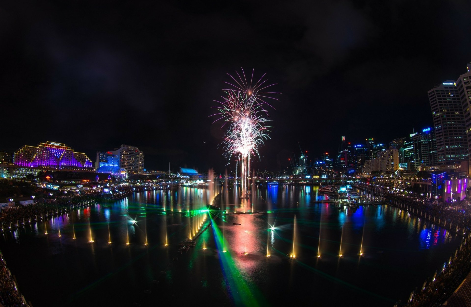 Download Fountain Fireworks Australia Sydney Man Made Darling Harbour HD Wallpaper