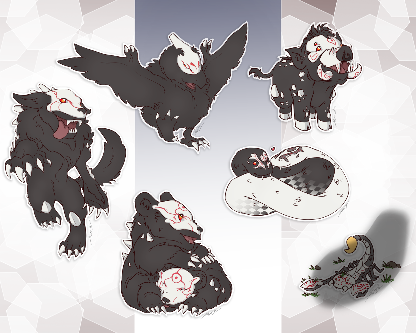Anime-style RWBY creatures in dynamic poses with bold black, white, and red colors, featured in a high-definition PC desktop wallpaper and background.