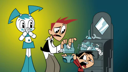 Jenny Wakeman from the TV show My Life As A Teenage Robot stands beside two boys, who are interacting with a futuristic machine in this HD PC desktop wallpaper.