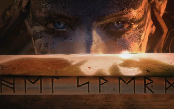 Close-up of Senua from Hellblade: Senua's Sacrifice, staring intensely over a carved wooden blade in this HD PC desktop wallpaper from the video game.