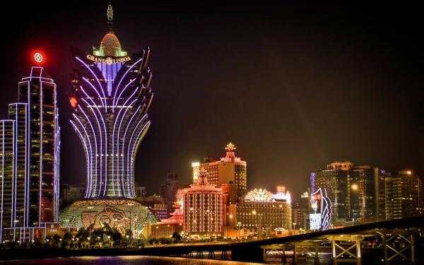 Night view of the illuminated Grand Lisboa Hotel and surrounding buildings in Macau, China, captured as a vibrant HD desktop wallpaper background.