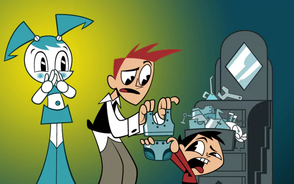 Jenny Wakeman from the TV show My Life As A Teenage Robot stands beside two boys, who are interacting with a futuristic machine in this HD PC desktop wallpaper.