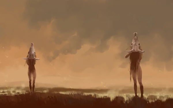 Pathologic video game 4K Ultra HD PC desktop wallpaper: two gaunt, tall horse-like figures stand on a desolate, foggy plain under a sulfurous orange sky.