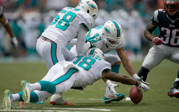 HD PC desktop wallpaper featuring Miami Dolphins players in white uniforms recovering a fumble during a football game, capturing dynamic sports action.