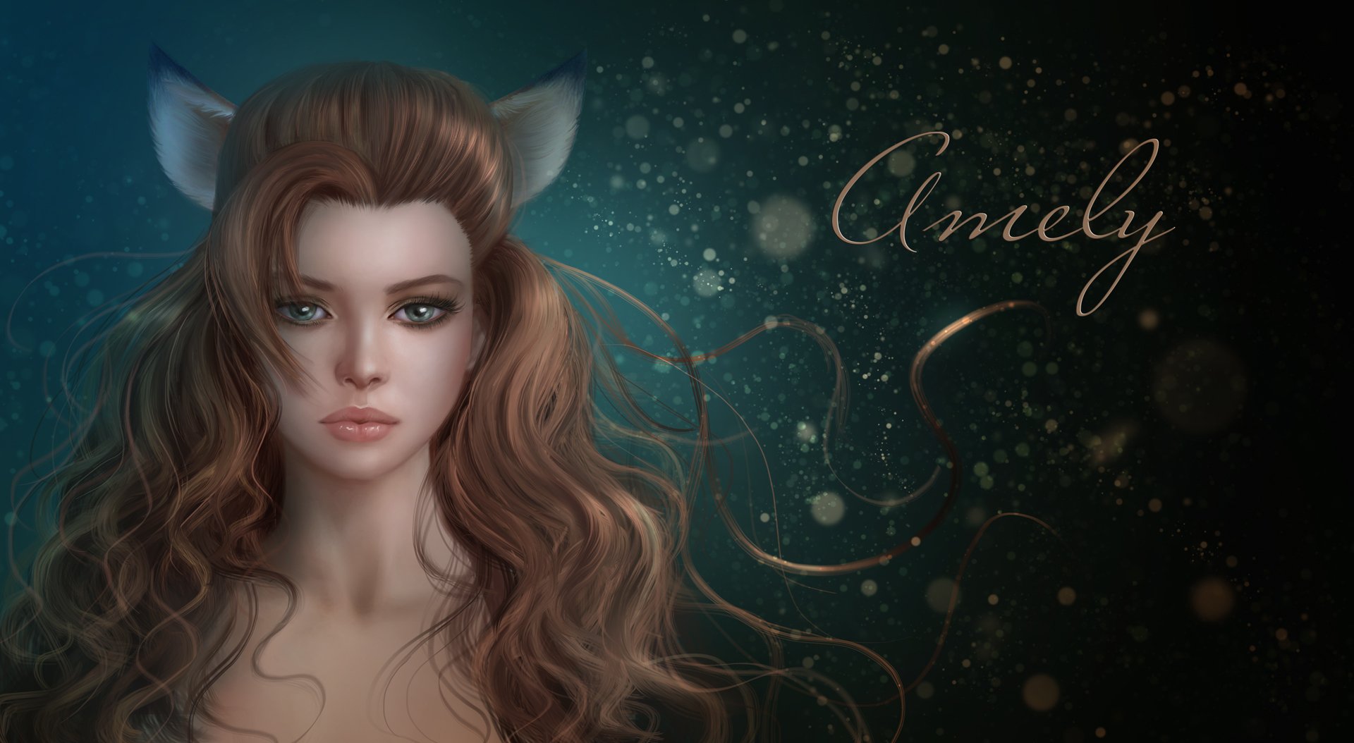 HD fantasy PC desktop wallpaper of a woman with flowing brown hair, striking blue eyes, and subtle animal ears against a dark, starry background with the name Amely.