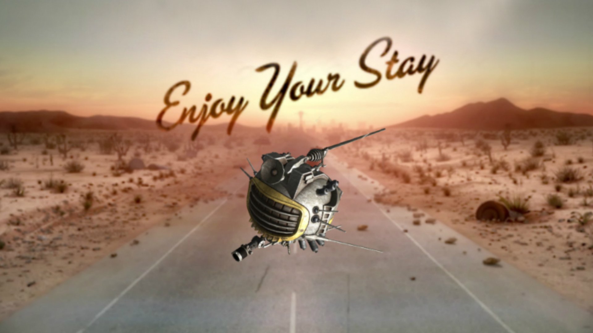 A striking HD wallpaper from Fallout: New Vegas featuring a desert landscape with the text Enjoy Your Stay prominently displayed.