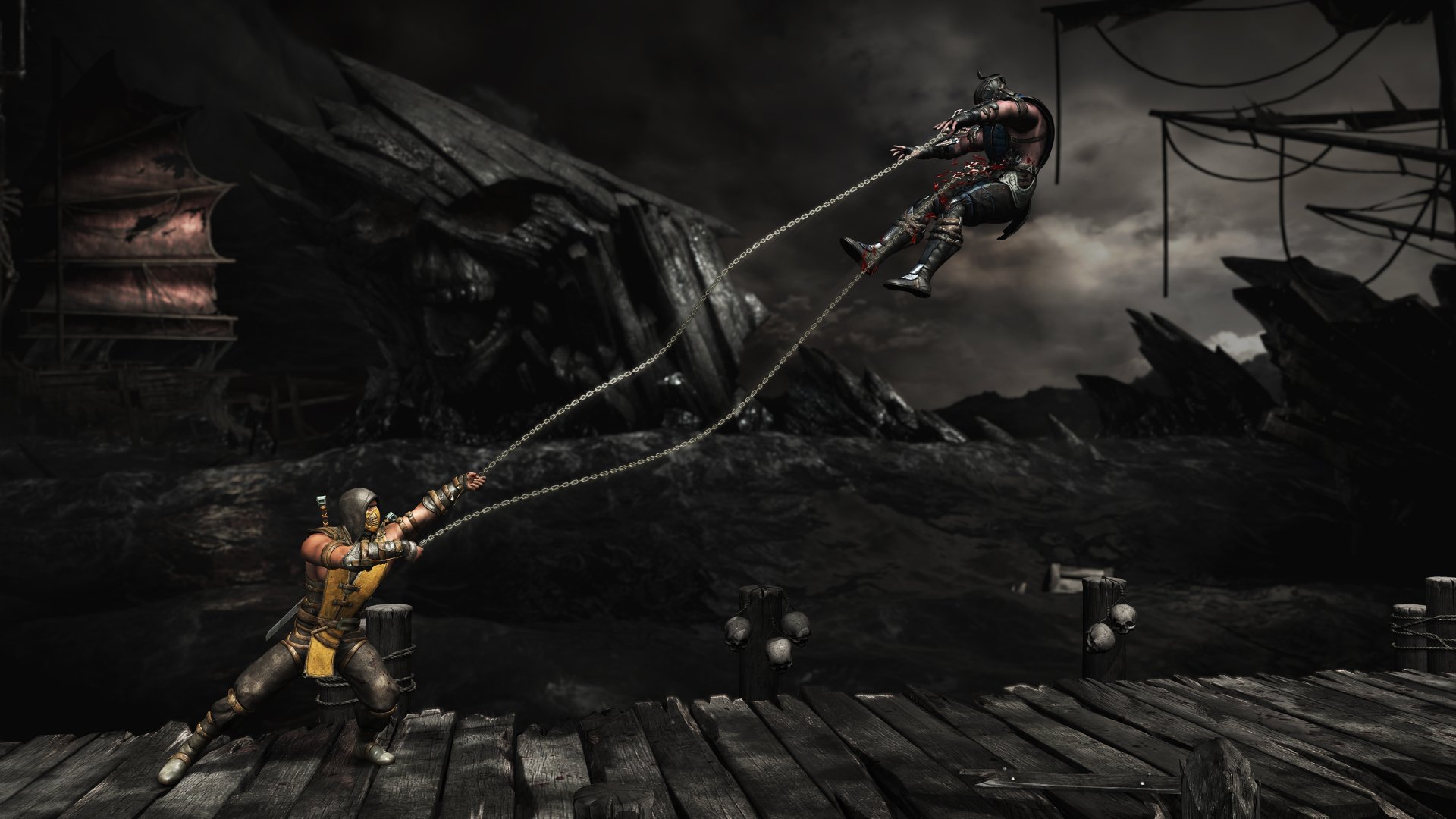 A dramatic scene from Mortal Kombat X features a character using a grappling move, set against a dark, atmospheric backdrop of a destroyed environment. HD PC wallpaper.