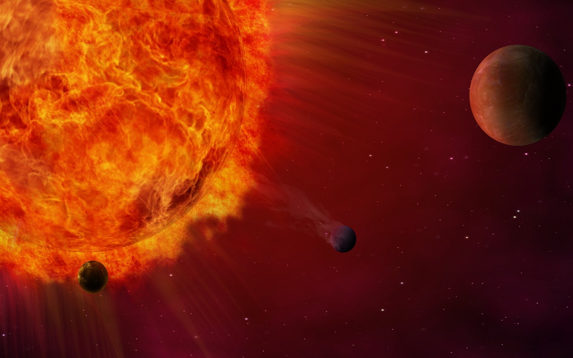 HD sci-fi desktop wallpaper depicting a fiery sun with three planets orbiting nearby against a dark red space backdrop.