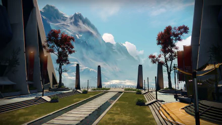 A serene landscape from the Destiny video game, featuring towering structures, vibrant trees, and majestic mountains in the background, designed as an HD PC desktop wallpaper.