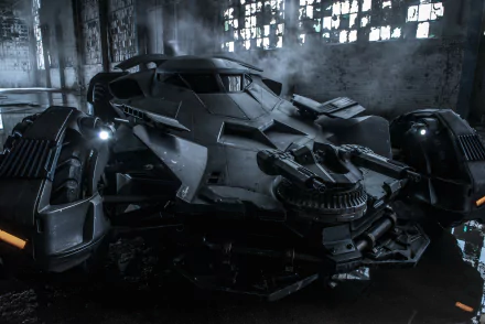 HD wallpaper featuring the Batmobile from Batman V Superman: Dawn of Justice, parked in a dimly lit garage with mist around.
