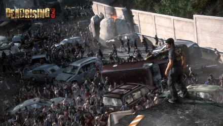 HD PC desktop wallpaper from the video game Dead Rising 3, showing a character overlooking a large crowd of zombies near a barricaded area.