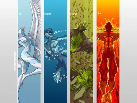 Artistic HD desktop wallpaper depicting the four elements—water, earth, and fire—through dynamic, nature-inspired human figures in vibrant, elemental colors.