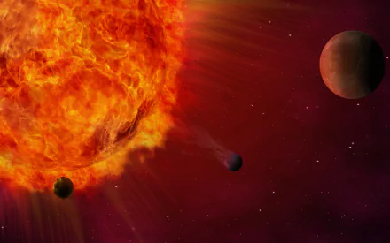 HD sci-fi desktop wallpaper depicting a fiery sun with three planets orbiting nearby against a dark red space backdrop.