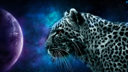 HD desktop wallpaper featuring a detailed illustration of a leopard with a vivid cosmic background and a glowing purple planet.
