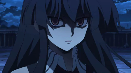 HD desktop wallpaper featuring Akame from Akame Ga Kill! with a dark, atmospheric background, highlighting her intense expression and signature long hair.