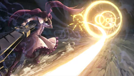 Anime character Mine from Akame ga Kill! with twin tails and long hair, firing a gun that emits a bright yellow blast; a vibrant HD desktop wallpaper.