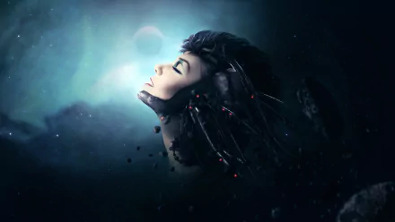 HD sci-fi PC desktop wallpaper depicting a futuristic female cyborg with mechanical elements integrated into her head, against a dark, atmospheric background.