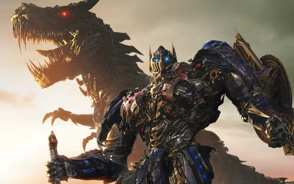 HD desktop wallpaper of Optimus Prime from Transformers: Age of Extinction featuring a dynamic battle scene with a menacing dragon-like robot.