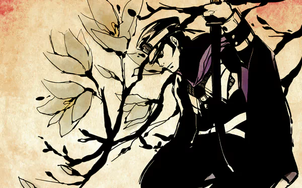 HD PC desktop wallpaper of Raidou Kuzunoha the XIV (Shin Megami Tensei): noir-clad detective with hat and purple accents beside inked flowering branches on a textured parchment background.