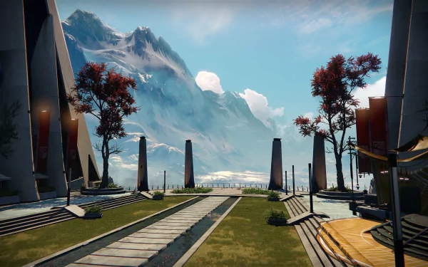 A serene landscape from the Destiny video game, featuring towering structures, vibrant trees, and majestic mountains in the background, designed as an HD PC desktop wallpaper.