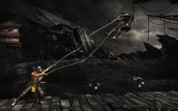 A dramatic scene from Mortal Kombat X features a character using a grappling move, set against a dark, atmospheric backdrop of a destroyed environment. HD PC wallpaper.