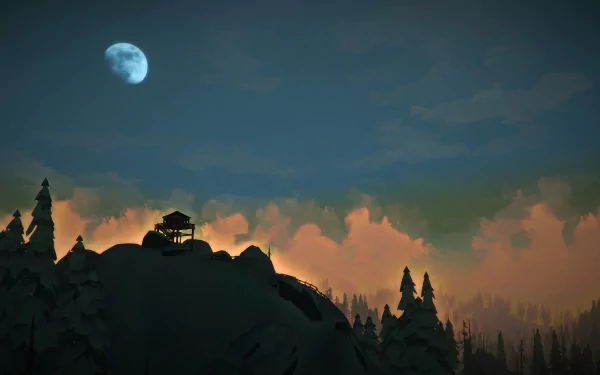 A stunning HD wallpaper from the video game The Long Dark, featuring a solitary cabin atop a mountain under a night sky illuminated by a bright moon and soft clouds.