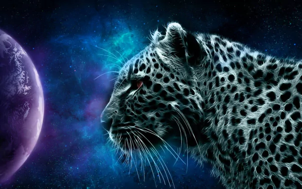 HD desktop wallpaper featuring a detailed illustration of a leopard with a vivid cosmic background and a glowing purple planet.
