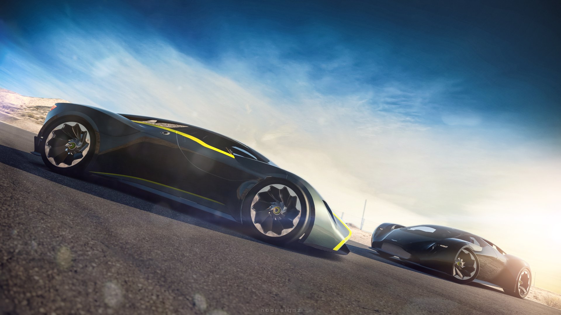 4K Ultra HD Gran Turismo 6 wallpaper featuring two sleek, futuristic sports cars racing on an open asphalt track under a vibrant blue sky.