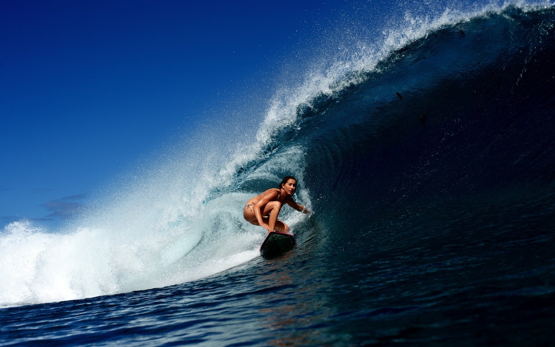 HD PC desktop wallpaper: surfer crouches inside a towering blue barrel, dynamic surfing sports action on the open ocean.