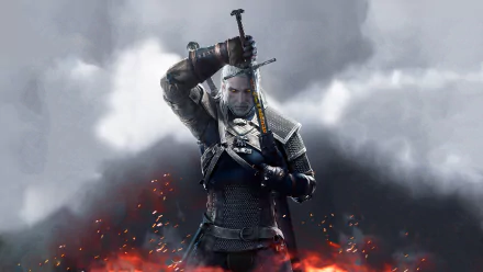 HD desktop wallpaper of Geralt of Rivia from The Witcher 3: Wild Hunt, featuring Geralt poised with his sword amid a fiery battlefield.