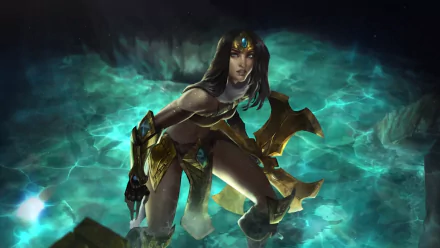 Sivir from League of Legends stands confidently in a mystical, glowing environment, showcasing her warrior spirit. This vibrant HD wallpaper enhances any gaming setup.