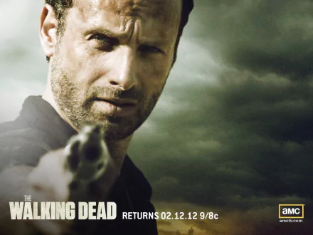 HD wallpaper featuring Andrew Lincoln as Rick Grimes from the TV show The Walking Dead, showcasing a tense moment with him aiming a firearm against a dramatic backdrop.