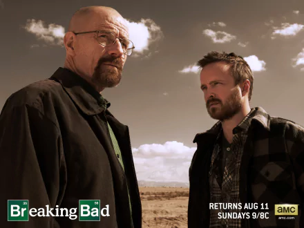 HD desktop wallpaper featuring Bryan Cranston as Walter White and Aaron Paul as Jesse Pinkman from the TV show Breaking Bad, set against a dramatic desert sky.