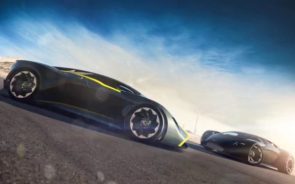 4K Ultra HD Gran Turismo 6 wallpaper featuring two sleek, futuristic sports cars racing on an open asphalt track under a vibrant blue sky.