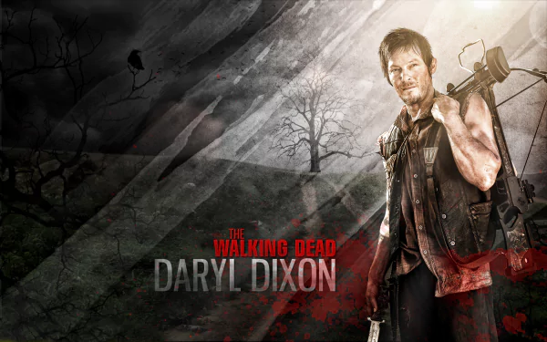 A striking HD wallpaper featuring Daryl Dixon from The Walking Dead, showcasing Norman Reedus as the rugged character against a dark, atmospheric background.