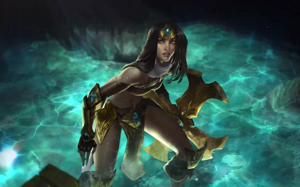 Sivir from League of Legends stands confidently in a mystical, glowing environment, showcasing her warrior spirit. This vibrant HD wallpaper enhances any gaming setup.