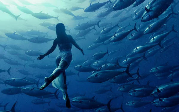 HD PC desktop wallpaper: a swimmer's silhouette drifting through a dense school of tuna in deep blue ocean, surrounded by sleek, silver fish.