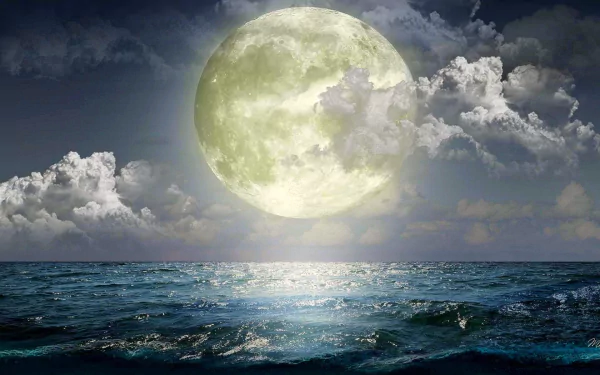 HD wallpaper of a large full moon illuminating the ocean, surrounded by clouds, capturing a serene nature scene.