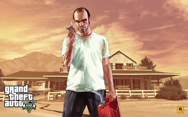 Trevor Philips stands with a gasoline can, ready for action, against a backdrop of a house and mountains in this HD desktop wallpaper from Grand Theft Auto V.