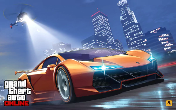 HD wallpaper from Grand Theft Auto V featuring an orange sports car in a cityscape at night, highlighted for Grand Theft Auto Online.