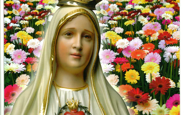 An HD wallpaper featuring Our Lady of Fátima, depicting Mary with a serene expression, surrounded by vibrant flowers, symbolizing peace and devotion.