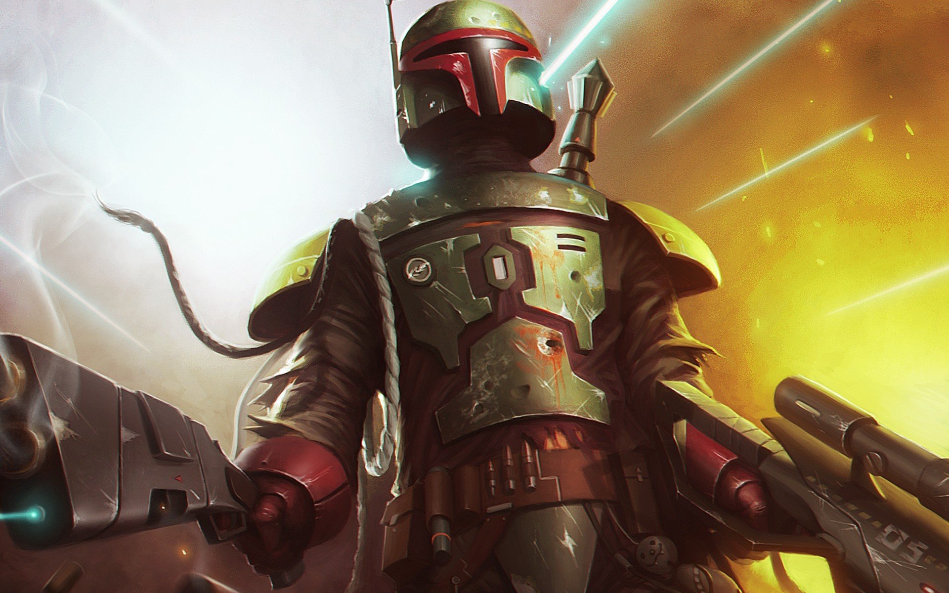 A striking HD PC desktop wallpaper featuring a sci-fi scene from Star Wars, showcasing Boba Fett in action against a vibrant background of lights and explosions.