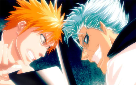 HD wallpaper featuring Ichigo Kurosaki and Grimmjow Jaegerjaquez from the anime Bleach, depicted in a dynamic and colorful close-up.