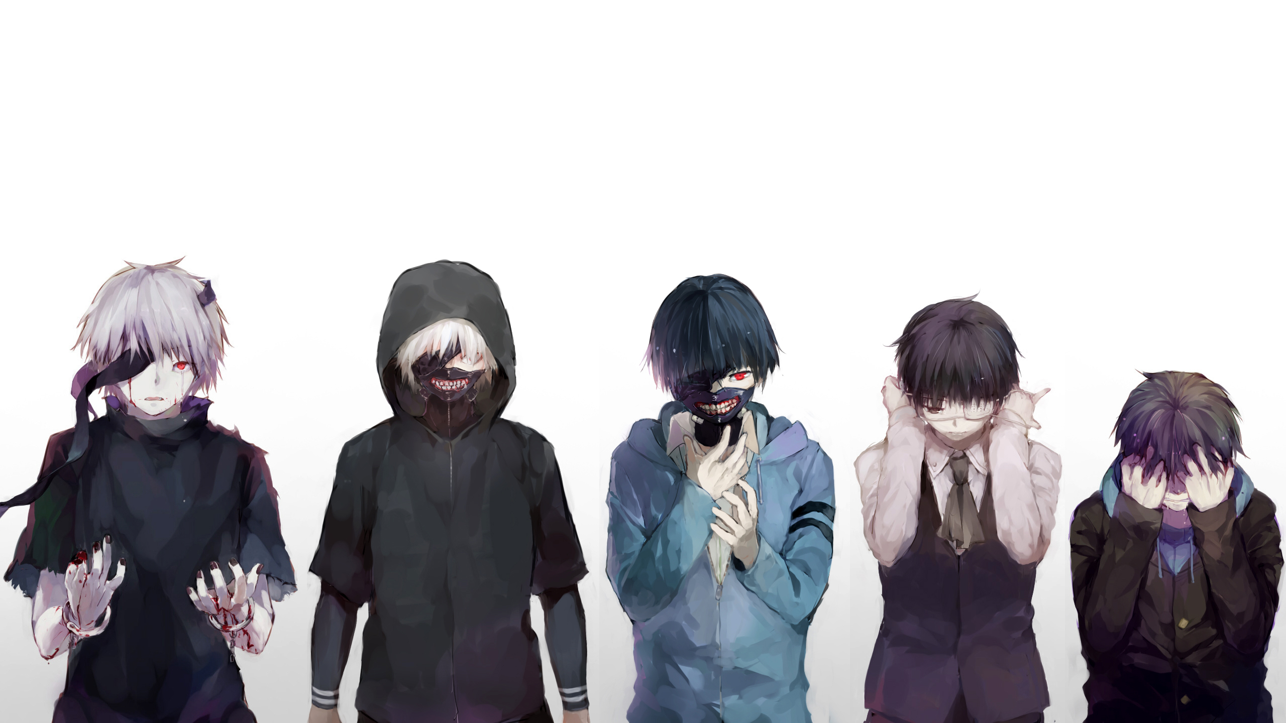 HD desktop wallpaper featuring Ken Kaneki and other characters from Tokyo Ghoul, posing with dramatic gestures on a white background.