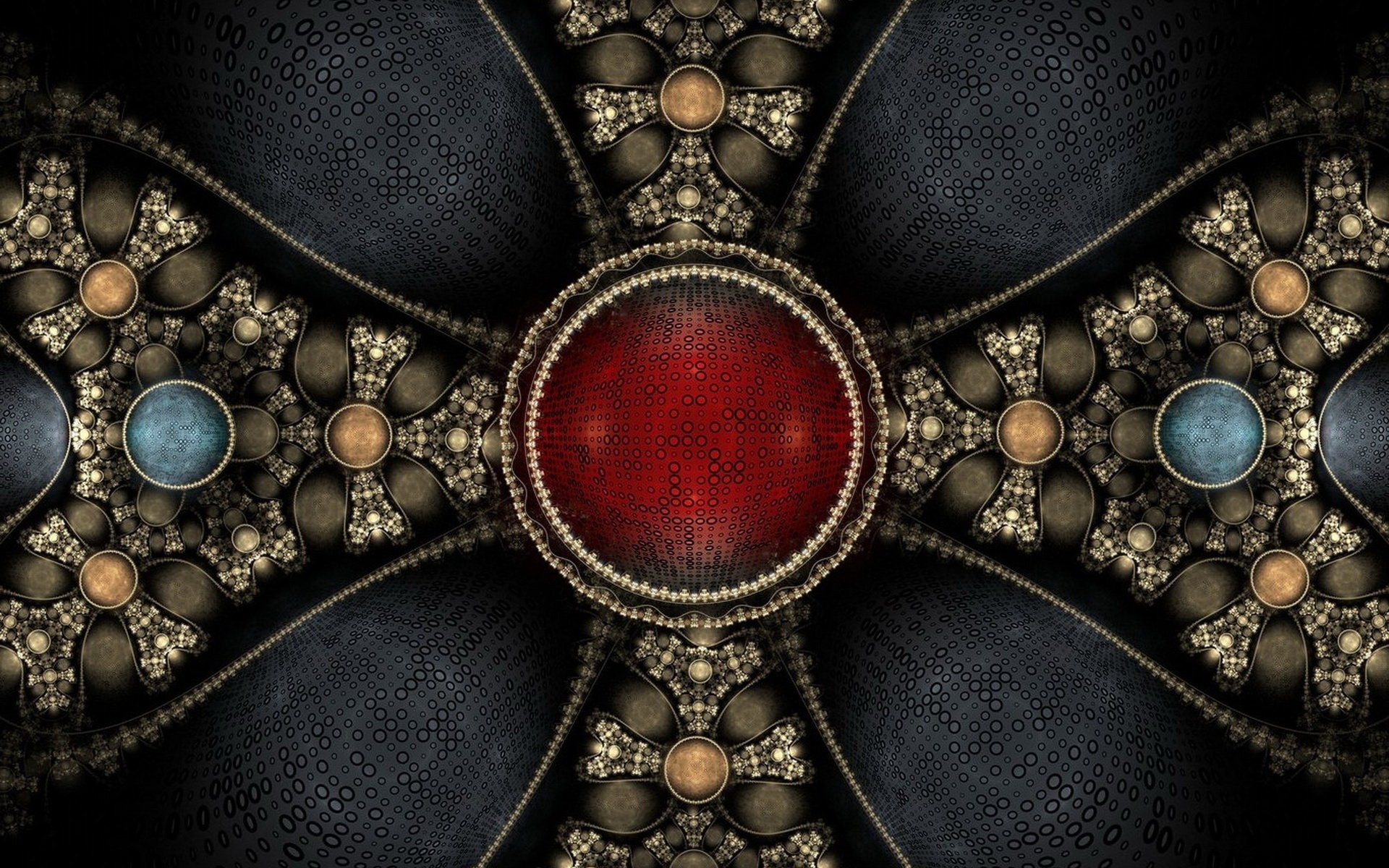 HD PC desktop wallpaper featuring an abstract fractal design resembling ornate cross jewelry with intricate metallic and gemstone details.